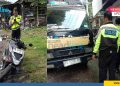 Petugas kepolisian melakukan pemeriksaan terhadap truk Mitsubishi yang terlibat kecelakaan dengan sepeda motor di Jalan Imogiri Timur, Wonokromo, Pleret, Bantul, Sabtu (21/2/2026) pagi. Insiden tersebut mengakibatkan dua mahasiswa pengendara motor mengalami luka serius dan harus menjalani perawatan di rumah sakit.