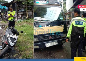 Petugas kepolisian melakukan pemeriksaan terhadap truk Mitsubishi yang terlibat kecelakaan dengan sepeda motor di Jalan Imogiri Timur, Wonokromo, Pleret, Bantul, Sabtu (21/2/2026) pagi. Insiden tersebut mengakibatkan dua mahasiswa pengendara motor mengalami luka serius dan harus menjalani perawatan di rumah sakit.
