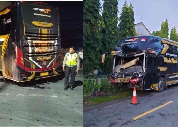 Bus Hino mengalami kerusakan parah pada bagian depan setelah terlibat kecelakaan dengan truk kontainer di Jalan Yogya–Solo Km 10,5, Kalitirto, Berbah, Sleman, Jumat (6/3/2026) sekitar pukul 01.30 WIB.