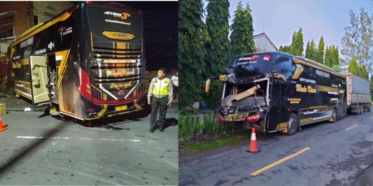 Bus Hino mengalami kerusakan parah pada bagian depan setelah terlibat kecelakaan dengan truk kontainer di Jalan Yogya–Solo Km 10,5, Kalitirto, Berbah, Sleman, Jumat (6/3/2026) sekitar pukul 01.30 WIB.