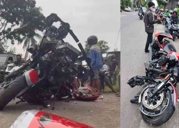 Kondisi sepeda motor gede (moge) tergeletak di tepi jalan usai terlibat kecelakaan dengan motor bebek di Perempatan Mlangsen, Kalurahan Palihan, Temon, Minggu (1/3/2026).