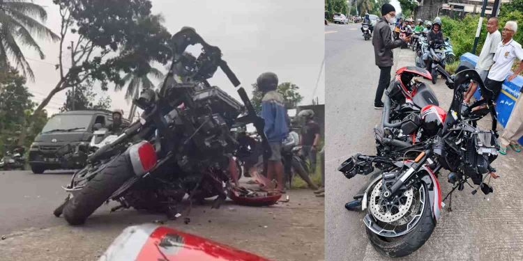 Kondisi sepeda motor gede (moge) tergeletak di tepi jalan usai terlibat kecelakaan dengan motor bebek di Perempatan Mlangsen, Kalurahan Palihan, Temon, Minggu (1/3/2026).