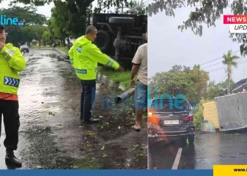 Mobil Colt Box Terguling di Jalan Brawijaya Sleman, Diduga Selip karena Jalan Basah
