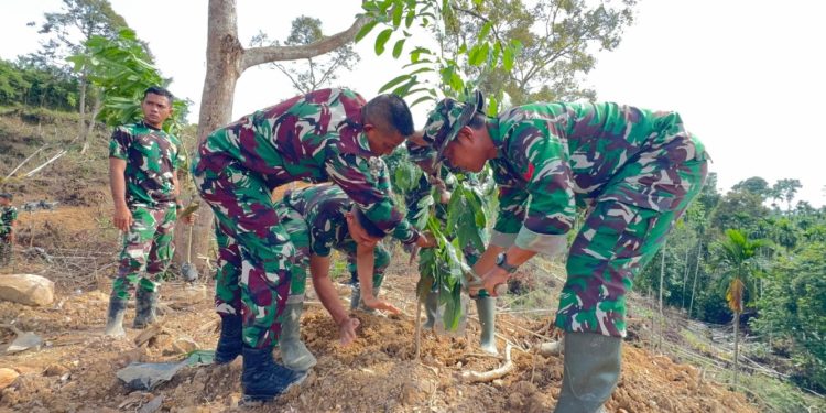 Satgas TMMD dan Warga Tanam 200 Bibit Mahoni di Jeumpa Sikureung