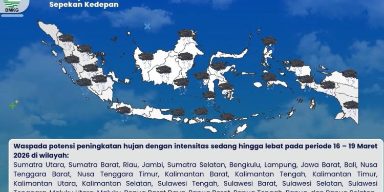 BMKG Peringatkan Potensi Hujan Lebat di Indonesia pada 13-19 Maret 2026