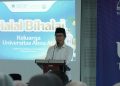 Rektor Universitas Alma Ata, Prof. dr. H. Hamam Hadi, MS., Sc.D., Sp.GK., saat menyampaikan sambutan dalam acara Halal Bihalal keluarga besar Universitas Alma Ata di Auditorium KH. Hasyim Asy’ari, Rabu (1/4/2026).