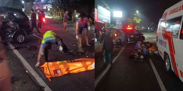 Petugas dan relawan memberikan pertolongan kepada korban kecelakaan lalu lintas yang melibatkan dua sepeda motor dan satu mobil di Jalan Yogya–Wates, Sedayu, Bantul, Jumat (3/4/2026) dini hari. Peristiwa ini mengakibatkan tiga orang meninggal dunia dan satu korban luka serius.