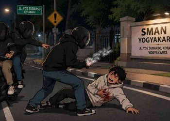 Ilustrasi Gambar suasana penganiayaan berdarah di depan SMAN 3 Yogyakarta yang menewaskan seorang pelajar asal Ngampilan, Minggu (17/5/2026) dini hari. Polisi masih melakukan penyelidikan dan memburu pelaku.