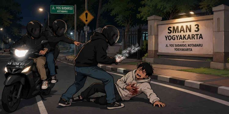 Ilustrasi Gambar suasana penganiayaan berdarah di depan SMAN 3 Yogyakarta yang menewaskan seorang pelajar asal Ngampilan, Minggu (17/5/2026) dini hari. Polisi masih melakukan penyelidikan dan memburu pelaku.