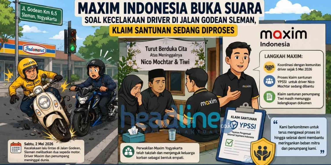 Maxim Indonesia menyampaikan hak jawab terkait kecelakaan lalu lintas di Jalan Godean, Sleman, yang menewaskan mitra pengemudi Nico Mochtar dan penumpang bernama Tiwi. Pihak perusahaan menyebut proses koordinasi dengan keluarga korban dan pengajuan santunan melalui YPSSI tengah dilakukan. Ilustrasi: Headline.co.id