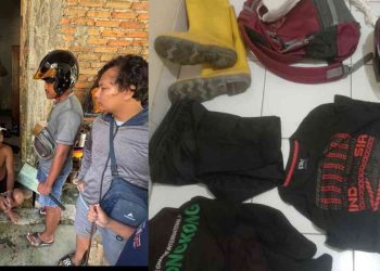 Petugas Unit Reskrim Polsek Bambanglipuro saat mengamankan terduga pelaku penipuan pompa air milik kelompok tani di wilayah Godean, Sleman