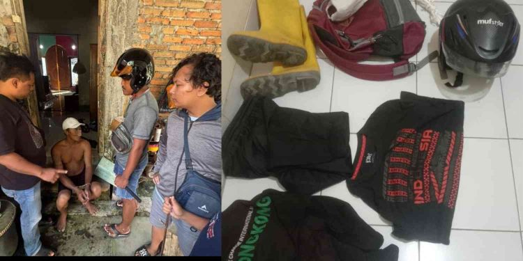 Petugas Unit Reskrim Polsek Bambanglipuro saat mengamankan terduga pelaku penipuan pompa air milik kelompok tani di wilayah Godean, Sleman