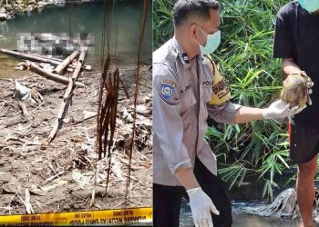 Petugas kepolisian melakukan olah TKP usai penemuan mayat tanpa identitas di aliran Sungai Bedog, Dusun Mangir Tengah, Sendangsari, Pajangan, Bantul, Senin (11/5/2026). Selain satu jenazah dalam kondisi membusuk, petugas juga menemukan tengkorak manusia lain di sekitar lokasi. Foto: Istimewa/Polres Bantul