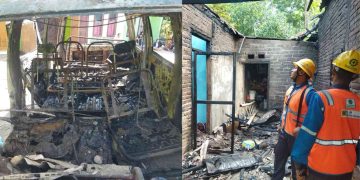 Petugas melakukan pengecekan lokasi kebakaran usai sebuah mobil Daihatsu Zebra terbakar di garasi rumah warga Gluntung Lor, Caturharjo, Pandak, Bantul, Rabu (27/5/2026). Kebakaran diduga dipicu percikan api saat proses starter kendaraan setelah pengisian daya aki. Tidak ada korban jiwa dalam kejadian tersebut, namun kerugian ditaksir mencapai Rp18,8 juta.