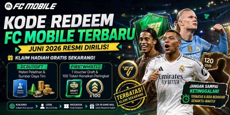 EA Sports merilis kode redeem FC Mobile terbaru Juni 2026. Segera klaim DEBUTGIFT dan FIRSTWHISTLE untuk mendapatkan hadiah gratis, Voucher Draft, serta item pengembangan tim sebelum kedaluwarsa