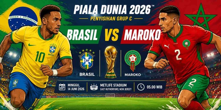 Grafik ilustrasi pertandingan penyisihan Grup C Piala Dunia 2026 antara Brasil melawan Maroko