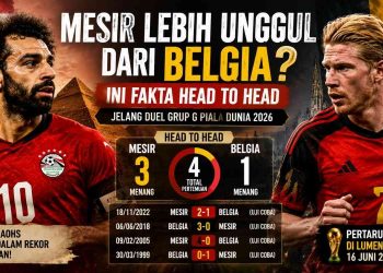 Head to head Belgia vs Mesir menghadirkan fakta mengejutkan. Mesir unggul tiga kemenangan dari empat pertemuan sebelum bentrok di Grup G Piala Dunia 2026.