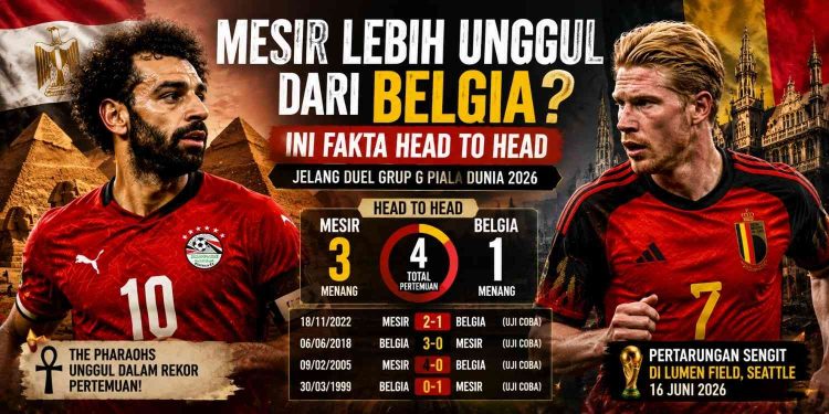 Head to head Belgia vs Mesir menghadirkan fakta mengejutkan. Mesir unggul tiga kemenangan dari empat pertemuan sebelum bentrok di Grup G Piala Dunia 2026.