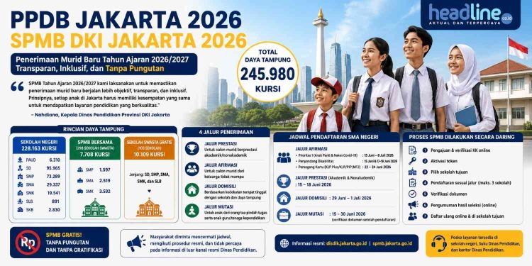 Ilustrasi pelaksanaan PPDB Jakarta 2026 melalui Sistem Penerimaan Murid Baru (SPMB) DKI Jakarta Tahun Ajaran 2026/2027. Dinas Pendidikan DKI Jakarta menyiapkan 245.980 kursi bagi murid baru di sekolah negeri, SPMB Bersama, dan program Sekolah Swasta Gratis. Seluruh proses pendaftaran dilakukan secara daring dan tidak dipungut biaya. (Ilustrasi: Headline.co.id)