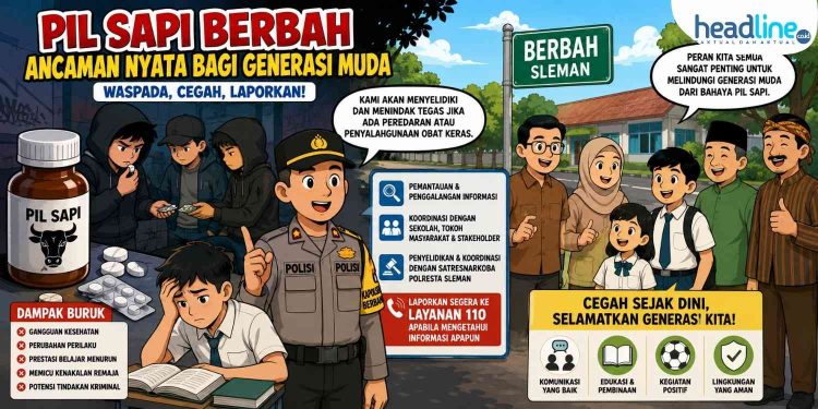 Ilustrasi upaya pencegahan penyalahgunaan Pil Sapi Berbah yang melibatkan aparat kepolisian, sekolah, orang tua, dan masyarakat guna melindungi generasi muda dari bahaya obat keras. (Ilustrasi: AI)