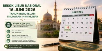 **Caption Gambar:** Kalender Juni 2026 menandai Selasa, 16 Juni 2026 sebagai libur nasional dalam rangka Tahun Baru Islam 1 Muharam 1448 Hijriah. Pemerintah menetapkan libur tersebut tanpa cuti bersama, sehingga masyarakat hanya menikmati satu hari libur sebelum kembali beraktivitas pada Rabu, 17 Juni 2026. (Ilustrasi: Headline.co.id)
