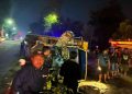 Kondisi Mitsubishi Dump Truck dan Mitsubishi Truck Box yang terguling usai terlibat kecelakaan di tikungan Ngancar, Jalan Magelang Km 10, Sleman, Kamis (4/6/2026) dini hari. Dua pengemudi mengalami luka ringan dan mendapat perawatan di RSUD Sleman