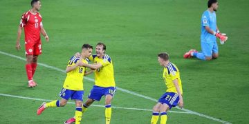 Pemain Timnas Swedia merayakan gol dalam laga Grup F Piala Dunia 2026 melawan Tunisia di Estadio BBVA, Monterrey, Senin (15/6/2026). Swedia tampil dominan dan menang telak 5-1, dengan Yasin Ayari mencetak dua gol untuk mengantar timnya memuncaki klasemen sementara Grup F. (Foto: Istimewa)