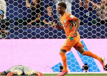 Penyerang Pantai Gading Amad Diallo merayakan golnya yang membawa Pantai Gading menang 1-0 dalam pertandingan Grup E Piala Dunia 2026 melawan Ekuador di Philadelphia Stadium, Philadelphia, Amerika Serikat pada 14 Juni 2026. (AFP/CHARLY TRIBALLEAU)