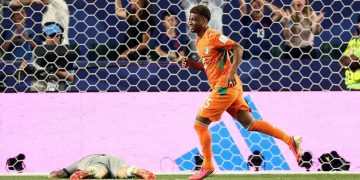 Penyerang Pantai Gading Amad Diallo merayakan golnya yang membawa Pantai Gading menang 1-0 dalam pertandingan Grup E Piala Dunia 2026 melawan Ekuador di Philadelphia Stadium, Philadelphia, Amerika Serikat pada 14 Juni 2026. (AFP/CHARLY TRIBALLEAU)