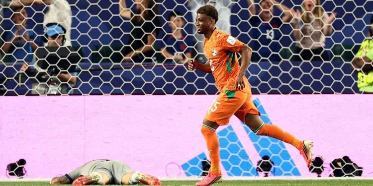 Penyerang Pantai Gading Amad Diallo merayakan golnya yang membawa Pantai Gading menang 1-0 dalam pertandingan Grup E Piala Dunia 2026 melawan Ekuador di Philadelphia Stadium, Philadelphia, Amerika Serikat pada 14 Juni 2026. (AFP/CHARLY TRIBALLEAU)