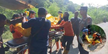 Petugas mengevakuasi jenazah perempuan lanjut usia yang ditemukan tersangkut di bantaran Kali Opak, Berbah, Sleman, Kamis (11/6/2026). Korban berinisial P (65), warga Selomartani, Kalasan, diduga terpeleset ke sungai sebelum hanyut.