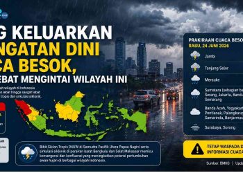 Prakiraan Cuaca Indonesia Besok 24 Juni 2026 Hujan, Awan Tebal, hingga Udara Kabur di Sejumlah Kota