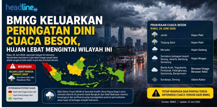 Prakiraan Cuaca Indonesia Besok 24 Juni 2026 Hujan, Awan Tebal, hingga Udara Kabur di Sejumlah Kota