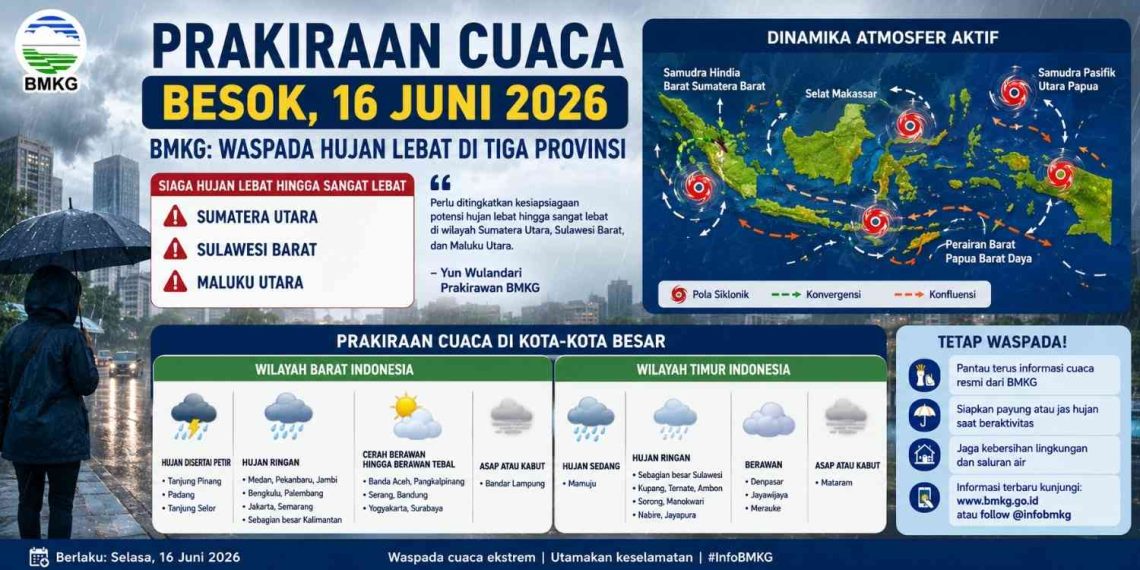 Prediksi Cuaca Besok 16 Juni 2026 BMKG Peringatkan Hujan Lebat di Tiga Provinsi, Cek Daerah Anda