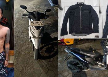 tersangka HS (36) beserta barang bukti hasil pengungkapan kasus pencurian sepeda motor di Bantul. Pelaku diduga membawa kabur motor milik karyawan minimarket dengan modus berpura-pura meminta bantuan orang lain untuk menyetut kendaraan yang disebut mogok. Polisi turut mengamankan sepeda motor Honda Beat, pakaian yang dikenakan saat beraksi, serta barang bukti lainnya untuk proses penyidikan lebih lanjut.