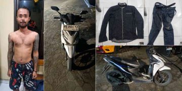 tersangka HS (36) beserta barang bukti hasil pengungkapan kasus pencurian sepeda motor di Bantul. Pelaku diduga membawa kabur motor milik karyawan minimarket dengan modus berpura-pura meminta bantuan orang lain untuk menyetut kendaraan yang disebut mogok. Polisi turut mengamankan sepeda motor Honda Beat, pakaian yang dikenakan saat beraksi, serta barang bukti lainnya untuk proses penyidikan lebih lanjut.