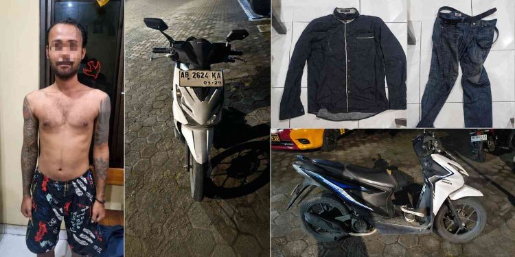 tersangka HS (36) beserta barang bukti hasil pengungkapan kasus pencurian sepeda motor di Bantul. Pelaku diduga membawa kabur motor milik karyawan minimarket dengan modus berpura-pura meminta bantuan orang lain untuk menyetut kendaraan yang disebut mogok. Polisi turut mengamankan sepeda motor Honda Beat, pakaian yang dikenakan saat beraksi, serta barang bukti lainnya untuk proses penyidikan lebih lanjut.