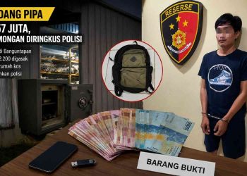 tersangka AW (34) beserta barang bukti hasil pengungkapan kasus pembobolan gudang pipa milik CV Cahaya Harapan di Banguntapan, Bantul. Dalam kasus ini, petugas mengamankan sisa uang tunai Rp20 juta, tas ransel, telepon seluler, flashdisk berisi rekaman CCTV, serta pakaian yang digunakan pelaku saat beraksi.
