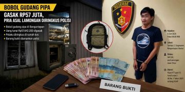 tersangka AW (34) beserta barang bukti hasil pengungkapan kasus pembobolan gudang pipa milik CV Cahaya Harapan di Banguntapan, Bantul. Dalam kasus ini, petugas mengamankan sisa uang tunai Rp20 juta, tas ransel, telepon seluler, flashdisk berisi rekaman CCTV, serta pakaian yang digunakan pelaku saat beraksi.