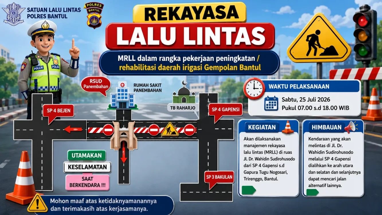 Ada Rehabilitasi Irigasi Gempolan, Arus Lalu Lintas di Jalan Wahidin Sudirohusodo Bantul Dialihkan