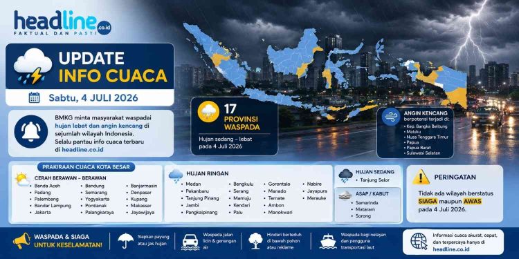 BMKG Rilis Prakiraan Cuaca Besok Sabtu 4 Juli 2026, Ini Daftar Kota yang Berpotensi Diguyur Hujan