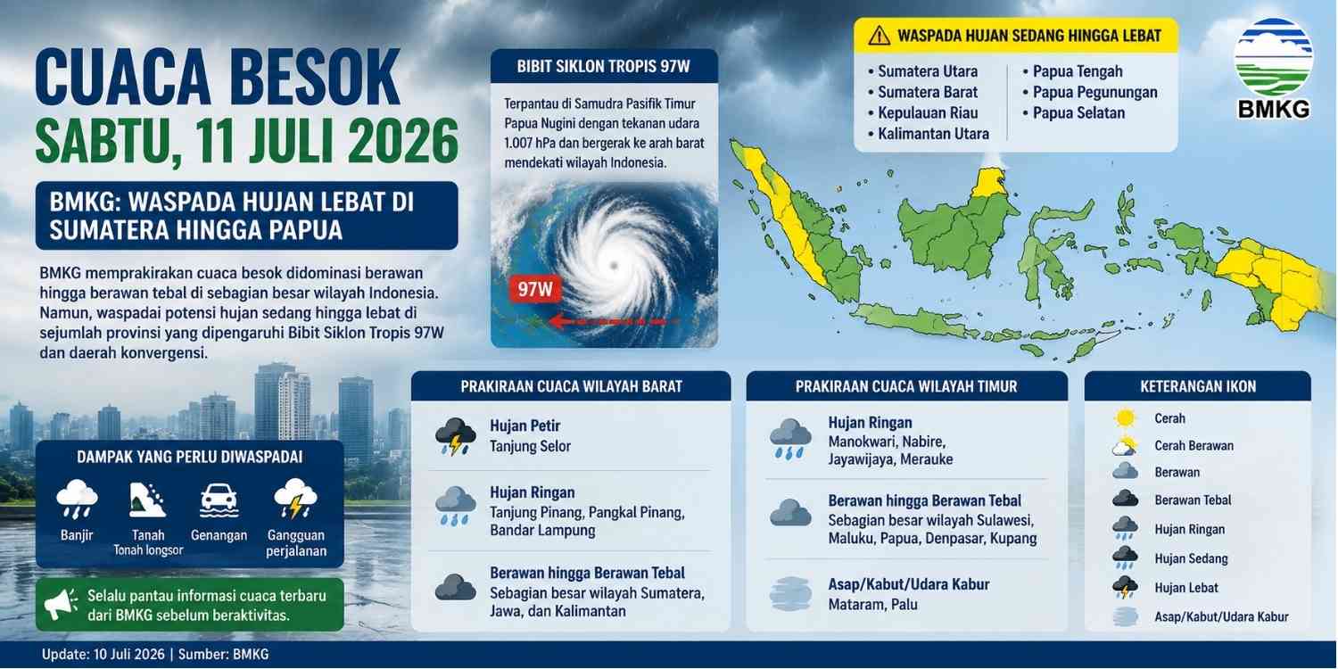 BMKG Ungkap Prakiraan Cuaca Besok 11 Juli 2026, Hujan Lebat Ancam Sumatera hingga Papua