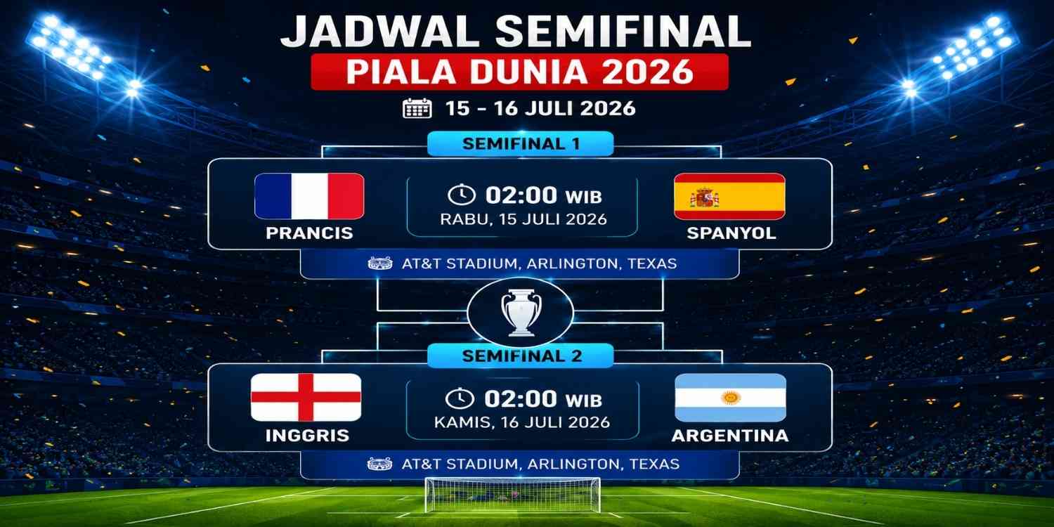 Bagan Jadwal Semifinal Piala Dunia 2026 menampilkan dua pertandingan penentu menuju partai final. Prancis vs Spanyol dijadwalkan berlangsung pada Rabu, 15 Juli 2026 pukul 02.00 WIB, sementara Inggris vs Argentina akan bertanding pada Kamis, 16 Juli 2026 pukul 02.00 WIB. Dua pemenang laga semifinal akan melaju ke final untuk memperebutkan gelar juara dunia. Ilustrasi: Headline.co.id.