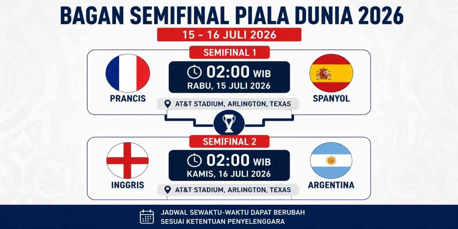 Bagan Semifinal Piala Dunia 2026 menampilkan dua laga penentu menuju final. Prancis vs Spanyol akan berlangsung pada Rabu, 15 Juli 2026 pukul 02.00 WIB, sedangkan Inggris vs Argentina dijadwalkan Kamis, 16 Juli 2026 pukul 02.00 WIB. Seluruh jadwal menggunakan Waktu Indonesia Barat (WIB) dan mengacu pada jadwal resmi penyelenggara. Ilustrasi: Headline.co.id.