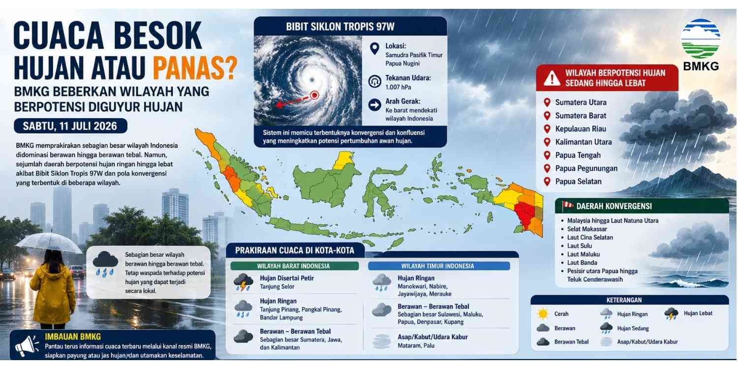 Cuaca Besok 11 Juli 2026 Menurut BMKG Daftar Lengkap Wilayah yang Berpotensi Hujan Lebat dan Petir