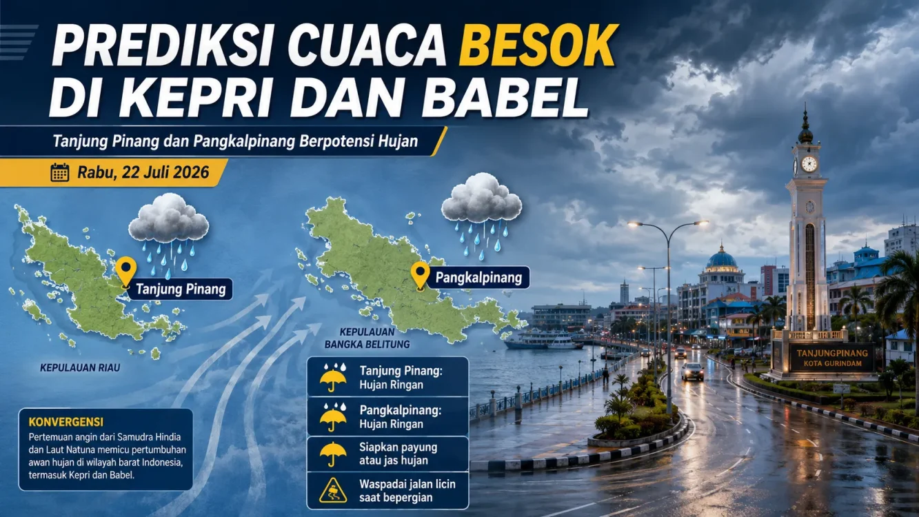 Cuaca Besok 22 Juli 2026 di Tanjung Pinang dan Pangkalpinang, Waspadai Hujan Ringan