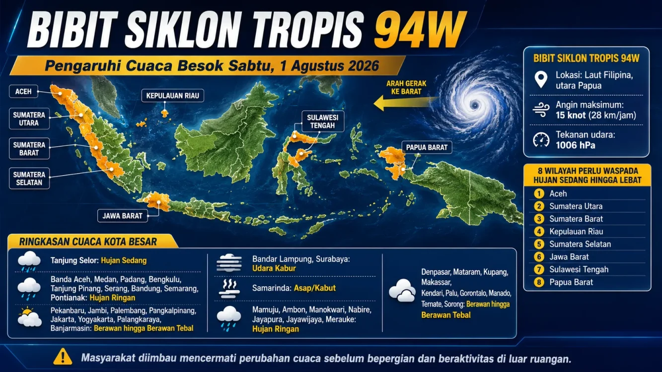 Cuaca Besok Hujan atau Panas Bibit Siklon 94W Tingkatkan Potensi Awan Hujan