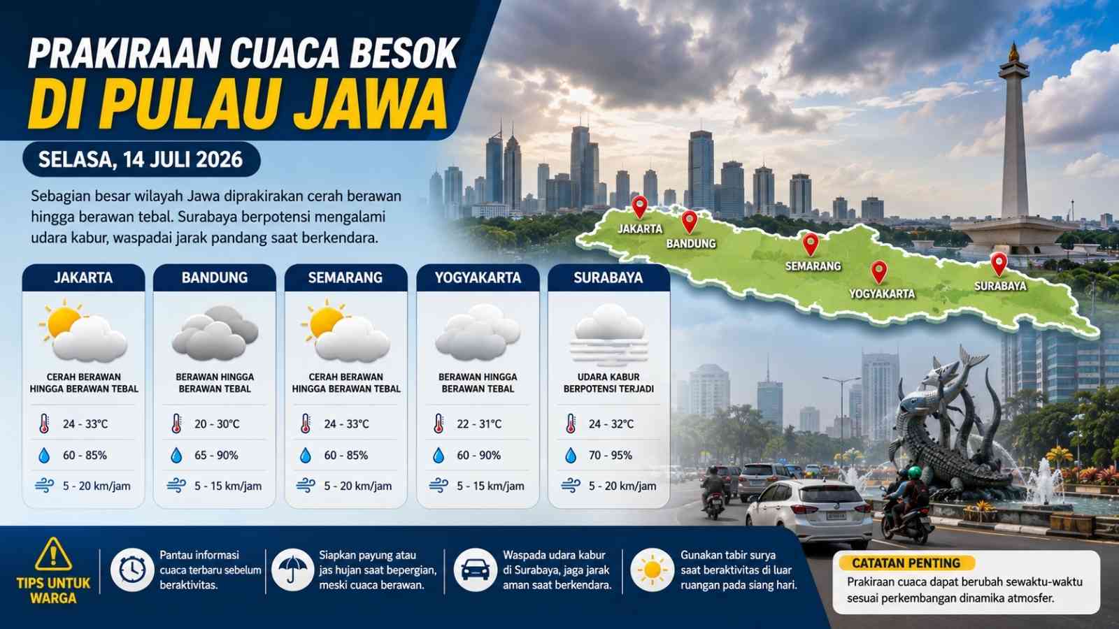 Cuaca Besok Jakarta, Bandung, Semarang, Yogyakarta, dan Surabaya 14 Juli 2026