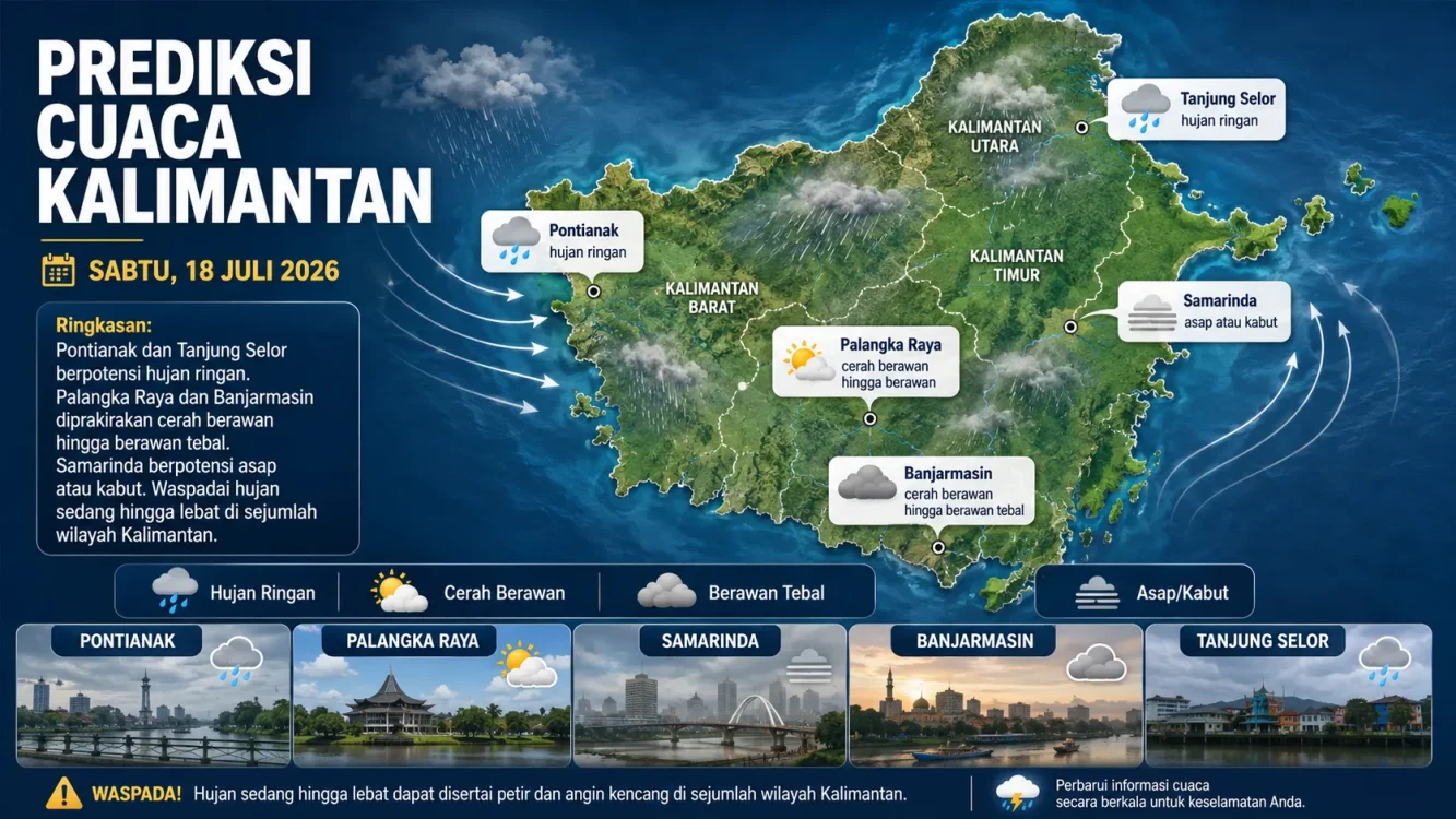 Cuaca Besok Kalimantan 18 Juli 2026 Pontianak Hujan, Samarinda Berkabut