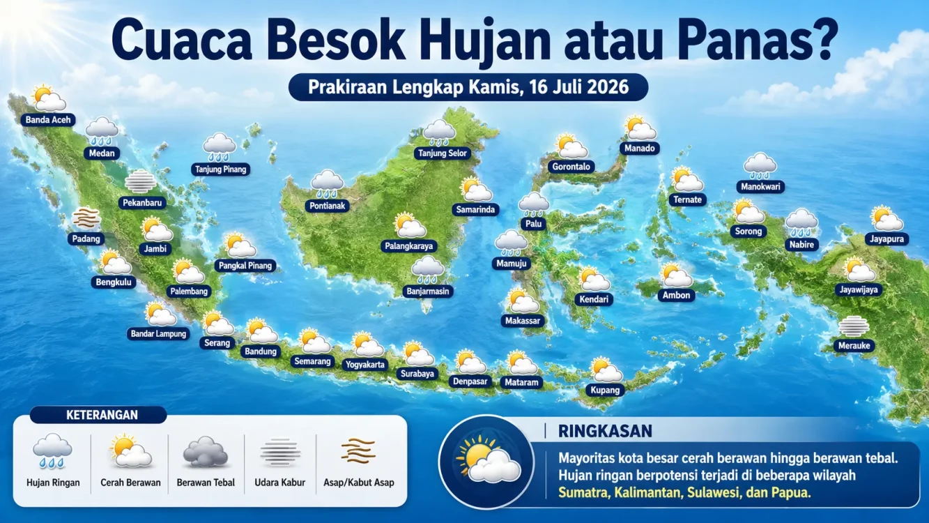 Cuaca Besok Kamis 16 Juli Hujan Ringan di Kalimantan, Sulawesi, dan Papua